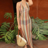 Striped See-Through Summer Trendy Sexy Halter Sleeveless Beach Long Dress