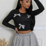 Women's Long-Sleeve Knit Top & Plaid Bubble Skirt Fashion Set