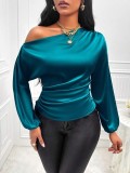 Women's Satin Shirt Asymmetric Slash Shoulder Long-Sleeve Blouse