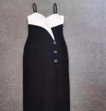 Color-Block Strapless Sleeveless Dress V-Neck Button-Down High-Slit Sexy Bandage Gown