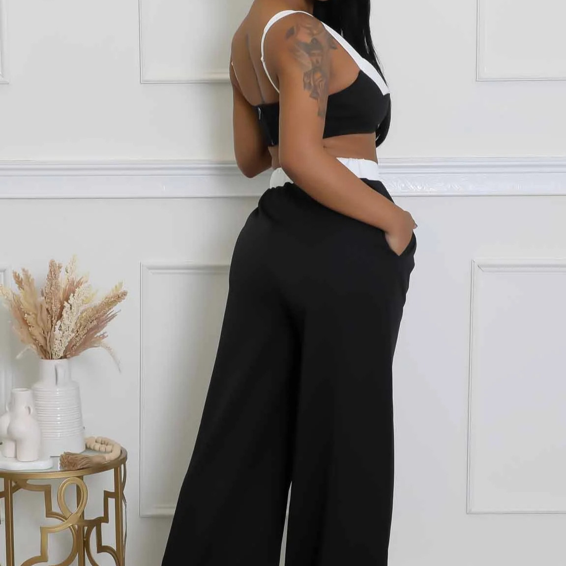 Women's Sleeveless Color-Block High-Waisted Wide-Leg Pants Set