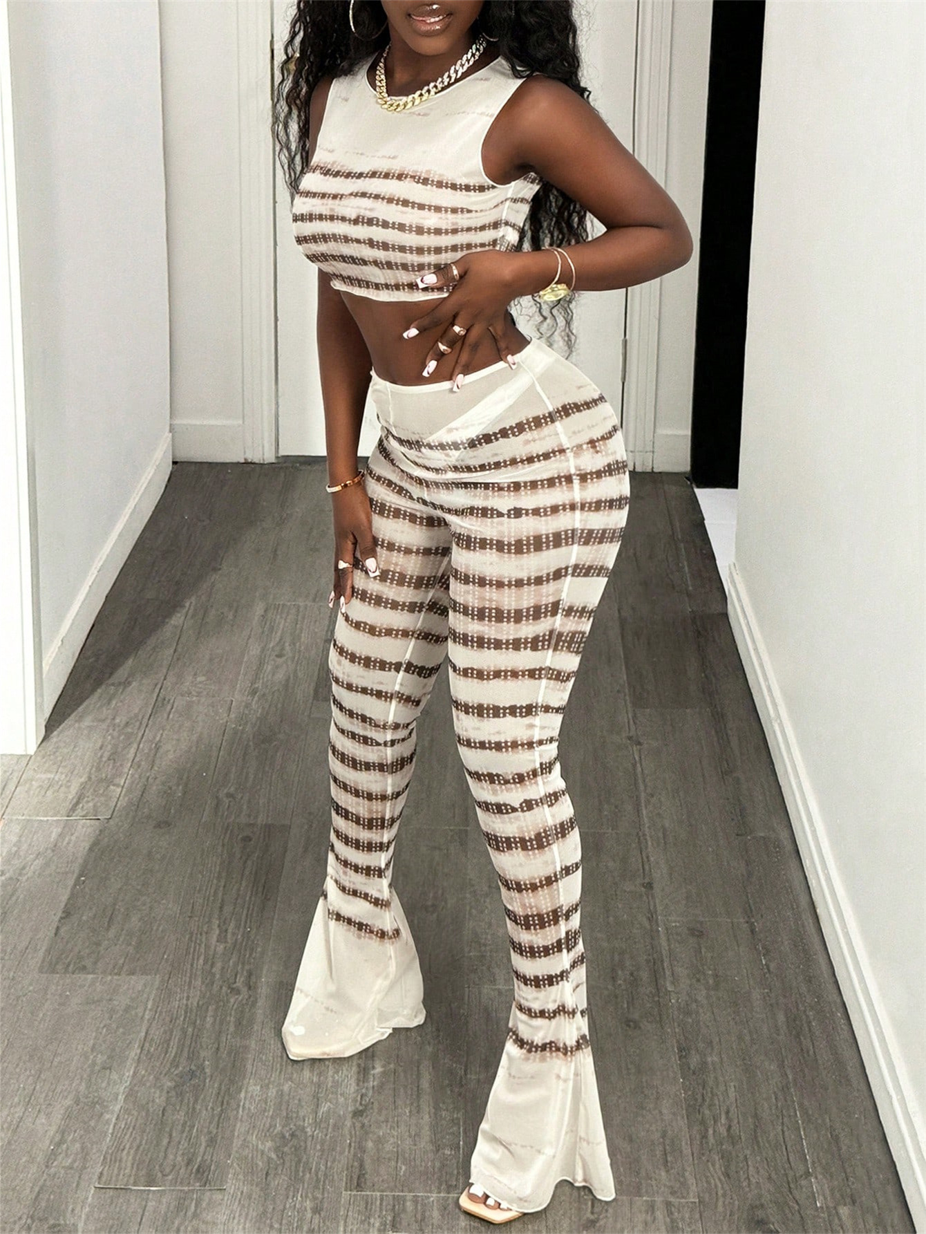 Women's Trendy Sexy See-Through Mesh Print Top & Flared Pants Set