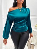 Women's Satin Shirt Asymmetric Slash Shoulder Long-Sleeve Blouse