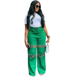 Women's High-Waisted Patchwork Denim Jeans with Studded Chain