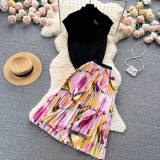 Elegant Women's Summer Sleeveless Blouse + Pleated Maxi Skirt Two-Piece Set