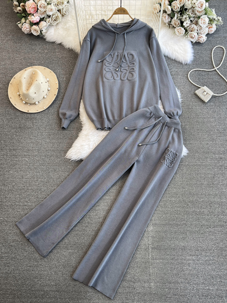 Trendy Women's Oversized Knit Hoodie High-Waisted Wide-Leg Pants Set