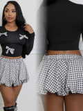 Women's Long-Sleeve Knit Top & Plaid Bubble Skirt Fashion Set
