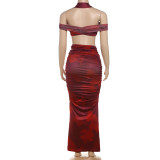 Summer Women's Sexy Halter Neck Off-Shoulder Sleeveless Top & Fitted Ruched Long Skirt Set