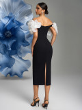 Black & White Off-Shoulder Floral Sleeve Bodycon Party Dress
