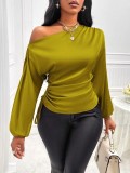 Women's Satin Shirt Asymmetric Slash Shoulder Long-Sleeve Blouse