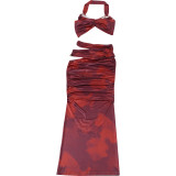 Summer Women's Sexy Halter Neck Off-Shoulder Sleeveless Top & Fitted Ruched Long Skirt Set