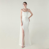 Women satin beaded chain fishtail slit evening dress