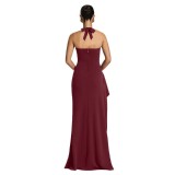 Women Halter Neck Lace-Up Plunging Slit Ruffle Strap Dress