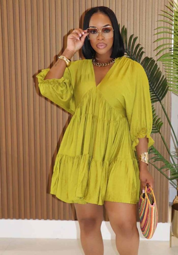 Women Casual Women Solid V Neck bubble sleeve multi-layer pleated dress