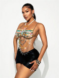 Women Hollow Backless Multi-Color Gem Body Chain Halter Neck Beaded Vest