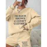 Women Round Neck Long Sleeve Top and Shorts Casual Two-piece Set