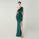 Women strapless satin pleated fishtail slit evening dress