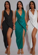 Women V Neck beaded Halter Neck sexy slit Solid pleated dress Women V Neck beaded Halter Neck sexy slit Solid pleated dress