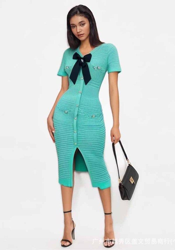Women French V Neck Bow Short Sleeve Beaded Button Knitting Slit Dress