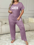 Plus Size Women Spring Summer Printed Short Sleeve T-shirt and Pants Pajama Set