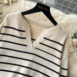 Women Casual V Neck Striped Knitting Top and Pants Two-piece Set