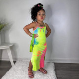 Girls' Knitting Summer Tie-Dye Printed Suspender Dress