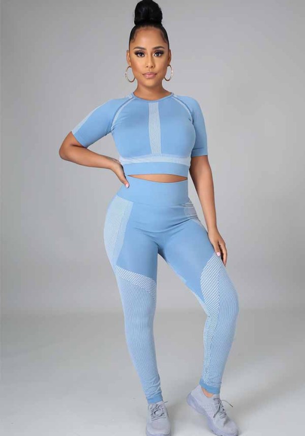 Women Summer Printed Short Sleeve Yoga Two-piece Set