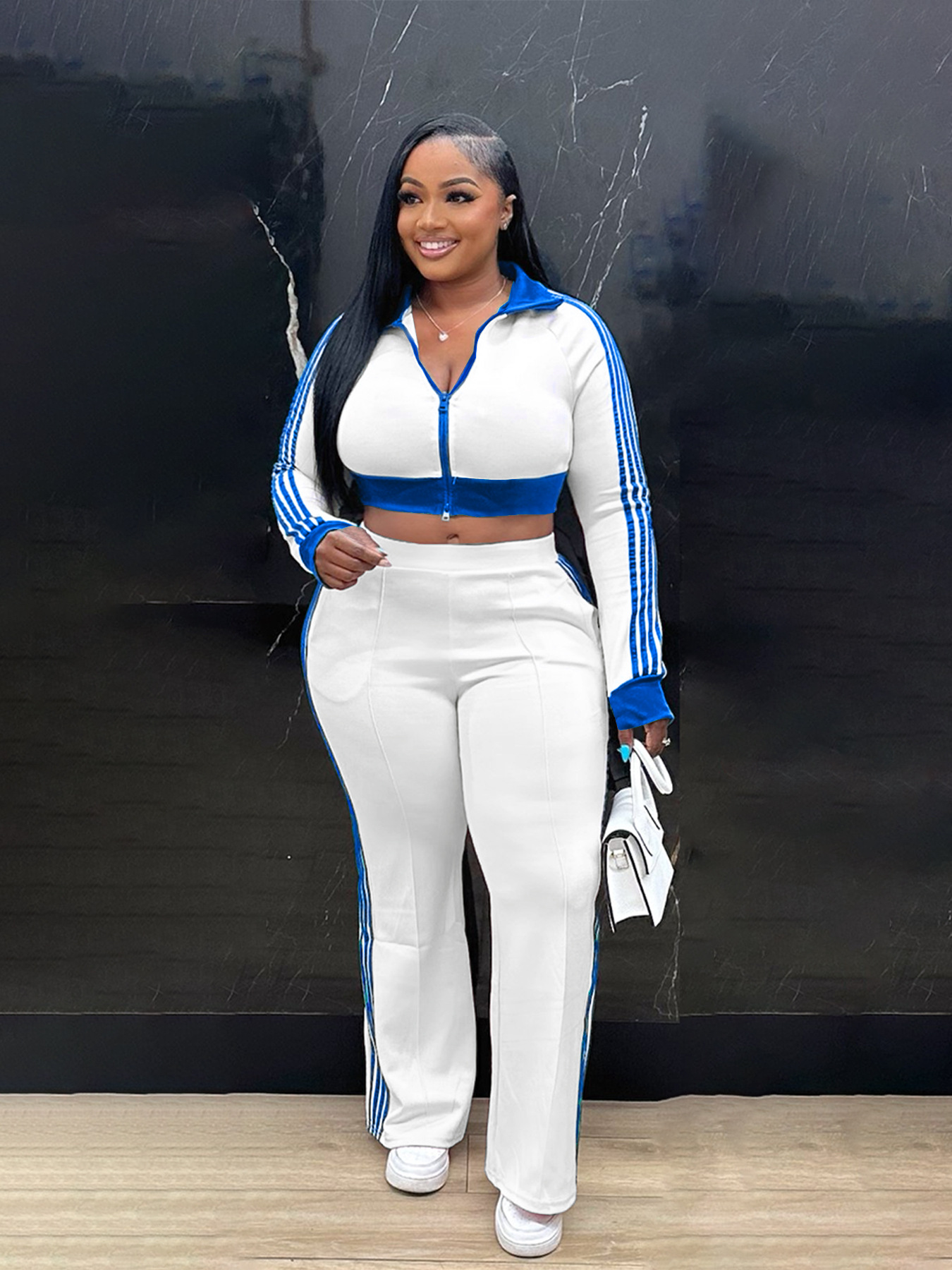 Women Casual contrast color zipper long-sleeved Crop Top and Pants two-piece set