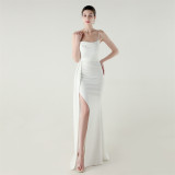 Women Strapless satin beaded fishtail evening dress