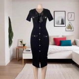 Women French V Neck Bow Short Sleeve Beaded Button Knitting Slit Dress