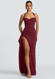 Women Halter Neck Lace-Up Plunging Slit Ruffle Strap Dress