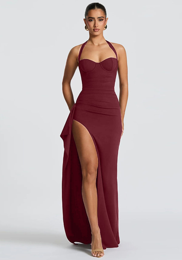 Women Halter Neck Lace-Up Plunging Slit Ruffle Strap Dress