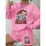 Women Round Neck Long Sleeve Top and Shorts Casual Two-piece Set