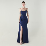 Women beaded chain fishtail slit evening dress
