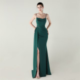 Women satin beaded chain fishtail slit evening dress