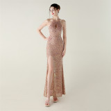 Women Halter Neck sequined beaded fishtail slit evening dress