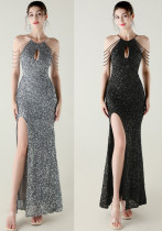 Women Halter Neck sequined beaded fishtail slit evening dress