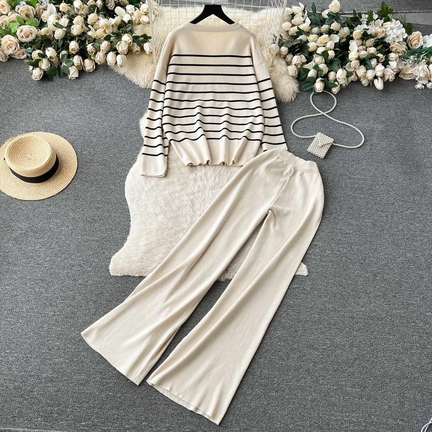 Women Casual V Neck Striped Knitting Top and Pants Two-piece Set