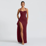 Women Halter Neck Lace-Up Plunging Slit Ruffle Strap Dress