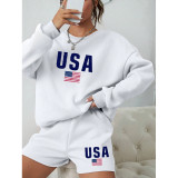 Women Round Neck Long Sleeve Top and Shorts Casual Two-piece Set