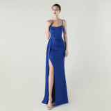 Women beaded chain fishtail slit evening dress