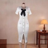 Women French V Neck Bow Short Sleeve Beaded Button Knitting Slit Dress