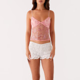 Women Summer Sleeveless Multi-Color Strapless Suspender See-Through Embroidered Beaded Lace Top