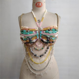 Women Hollow Backless Multi-Color Gem Body Chain Halter Neck Beaded Vest