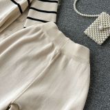 Women Casual V Neck Striped Knitting Top and Pants Two-piece Set