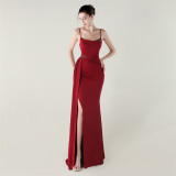 Women satin beaded chain fishtail slit evening dress