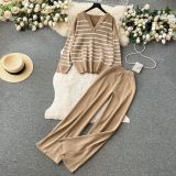 Women Casual V Neck Striped Knitting Top and Pants Two-piece Set