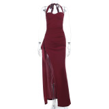 Women Halter Neck Lace-Up Plunging Slit Ruffle Strap Dress