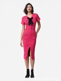 Women French V Neck Bow Short Sleeve Beaded Button Knitting Slit Dress