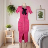 Women French V Neck Bow Short Sleeve Beaded Button Knitting Slit Dress